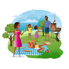 Obraz na płótnie Canvas Family Picnic and Hike in Mountains Cartoon Vector Concept. African-American Father with Kids Cooking Meat on Barbeque Grill, Mother Taking Photos of Nature Illustration Isolated on White Background