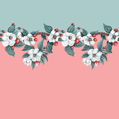 Watercolor pattern with bud and white flowers apple and peach.