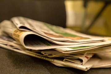 morning press traditional breakfast businessman hot coffee stack of newspapers quotations fresh...