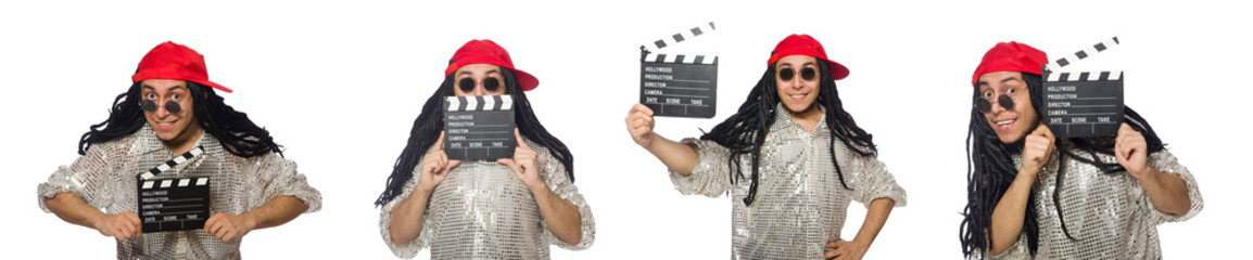 Funny man with clapper-board isolated on white