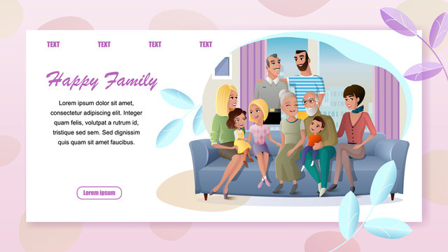Happy Family Cartoon Vector Horizontal Web Banner with Senior Couple Spending Time with Children, Relatives Gathering at Home Illustration. Service for Retired People Landing Page. Family Generations