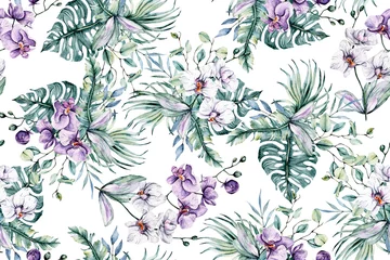 Selbstklebende Fototapeten Seamless pattern with watercolor flowers, tropical flowers orchids and leaves for design wedding invitation, greeting, wallpaper, fashion, background, texture, wrapper etc. Hand painting. © Larisa
