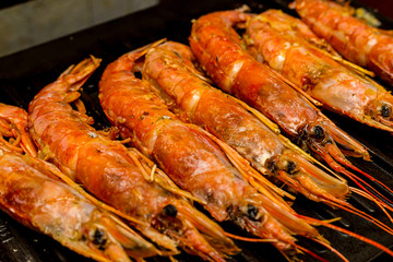 set of large red shrimps Argentinean whole sea delicacies with head group of delicacies on the grill