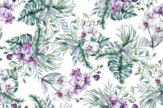 Seamless pattern with watercolor flowers, tropical flowers orchids and leaves for design wedding invitation, greeting, wallpaper, fashion, background, texture, wrapper etc. Hand painting.