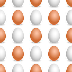 Vector 3d realistic white and brown eggs seamless pattern. Isolated object with shadow on white background. Eggs mockup texture for Easter poster design