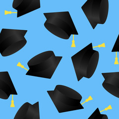 Seamless pattern of black graduation hat throw up in the blue sky. Vector educate cap background.  Colorful university trendy ornament print.