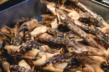 Smoked duck heads and necks sold on the streets of Hong Kong China