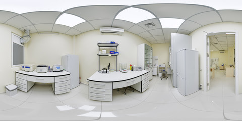 Panorama lab 360 degrees. Laboratory clean room where experiments are conducted on human blood virtual panorama of the laboratory complex. 360 degree overview of laboratory equipment - obrazy, fototapety, plakaty