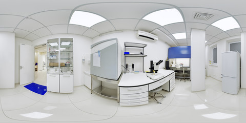 Overview of 360 degree panoramas in a laboratory at a research institute. Laboratory complex for studying the behavior of viruses for viewing with Microscopes for the examination of blood products