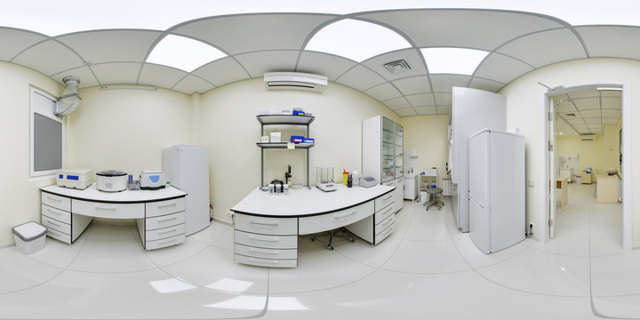 Panorama lab 360 degrees. Laboratory clean room where experiments are conducted on human blood virtual panorama of the laboratory complex. 360 degree overview of laboratory equipment