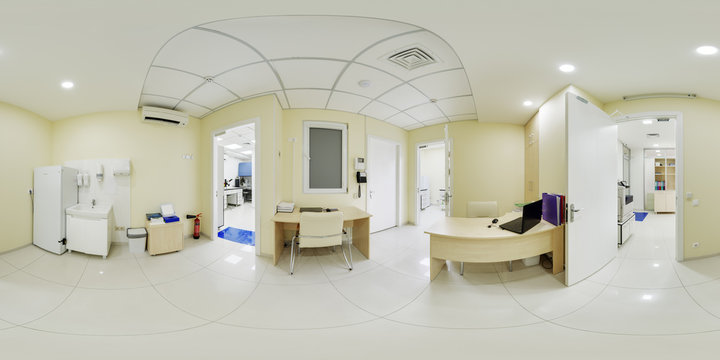Panorama 360 of the laboratory Pre box. Clean room in the clinic, where the doctor is on duty at the laboratory and examines the results of research. Panorama 360 degrees laboratory complex in