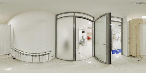 Panorama of 360 small room with doors for entering the ward for blood donation and intravenous...