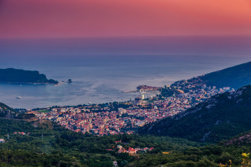 Aerial view of the Adriatic sea and Budva riviera. Location Montenegro resort, Europe.