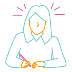 3色の線画　女性　座って書く