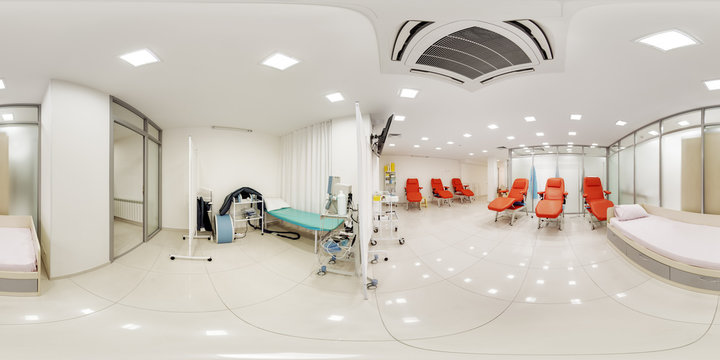 Panoramic picture of the 360 place for intravenous taking of drugs before chemotherapy or donating blood for tests in the laboratory of the clinic spherical 360 panorama hospital