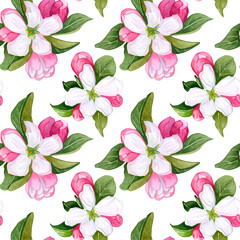 Seamless pattern with pink  and white flowers apple and peach.