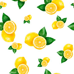 Watercolor hand drawn lemon fruit seamless pattern.