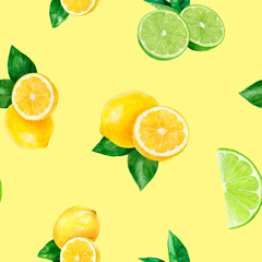 Watercolor hand drawn lemon, lime fruit seamless pattern.