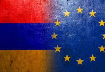 Armenia and European Union flags on the grunge metal background