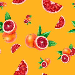 Watercolor hand drawn blood orange seamless pattern.