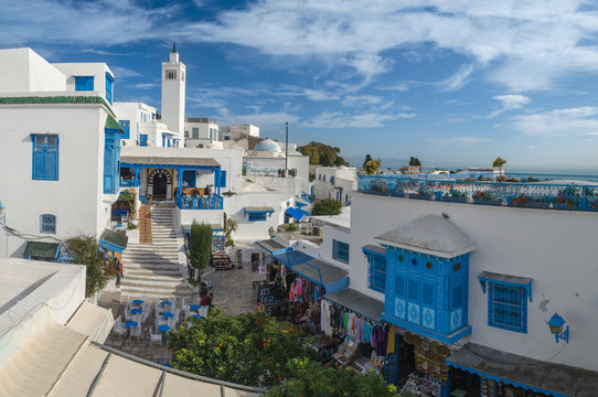 Beautiful view of Sidi Bou Said, touristic place near Tunis, Tunisia