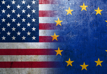 European Union and United States flags on the grunge metal background