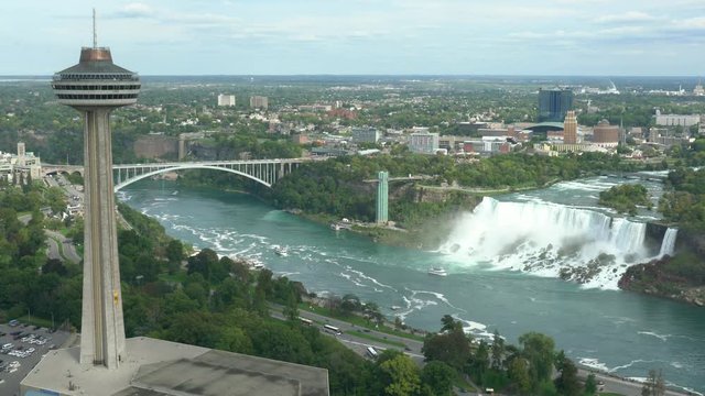 Aerial view of the Skylon Tower and the beautiful Niagara Falls