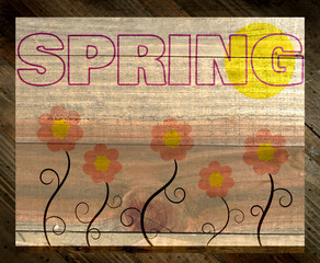 spring flowers design on wood grain texture