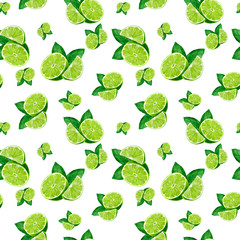 Watercolor hand drawn lime fruit seamless pattern.