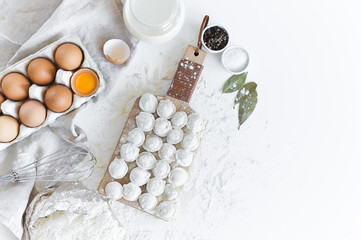 Fototapeta na wymiar Ingredients for modeling homemade dumplings. Eggs, milk, flour, salt, pepper, meat. White background, top view, space for text