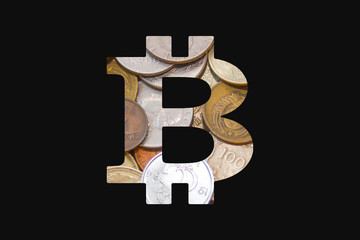 Crypto currency (Bitcoin) symbol on black background with physical money inside the symbol