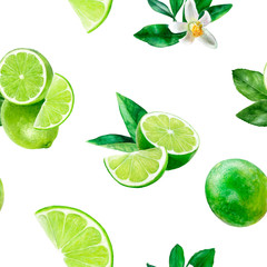 Watercolor hand drawn lime fruit seamless pattern.