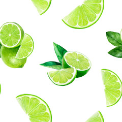 Watercolor hand drawn lime fruit seamless pattern.