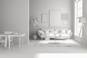 Interior of modern living room with sofa and furniture 3D rendering