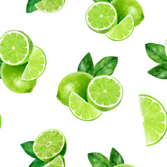 Watercolor hand drawn lime fruit seamless pattern.