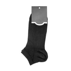 Black socks with tag on white background..