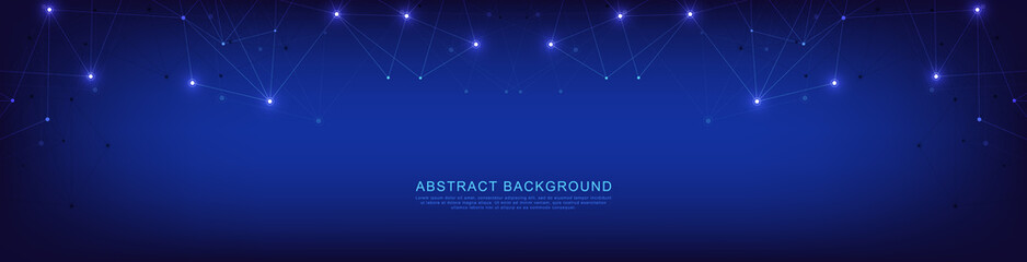 Website header or banner design with geometric abstract background of connected dots and lines. Global network connection. Digital technology with plexus background and space for your text.