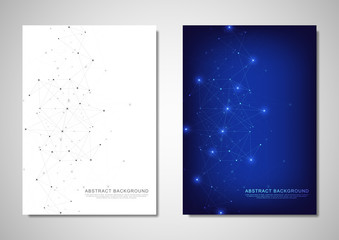 Brochure template or cover design. Digital technology with plexus background and space for your text. Geometric abstract background of connected dots and lines.