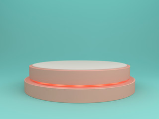 Abstract round pink podium with spotlights on blue background. Minimal 3D illustration