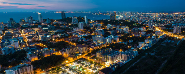 Panorama night shot of the skyline of Pattaya, Thailand