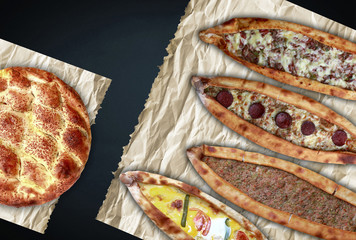 Traditional Turkish pita varieties on black background.