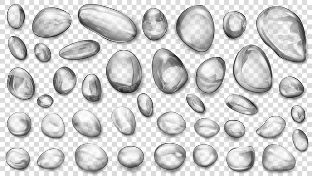 Set of gray translucent water drops of different shapes, isolated on transparent background. Transparency only in vector format