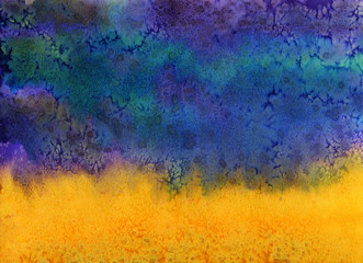 Absctract hand painted watercolor  bright colorful background pattern in yellow, blue and purple