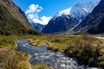 View of mountains from Monkey Creek, Fjordland, South Island, New Zealand
