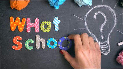 VIDEO, what school question with colourful letters on blackboard, trying to choose the best school