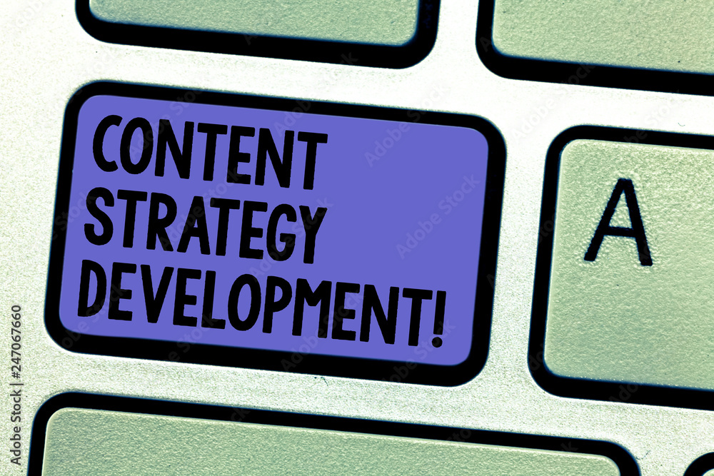 Poster Writing note showing Content Strategy Development. Business photo showcasing setting some goals for the marketing content Keyboard key Intention to create computer message pressing keypad idea