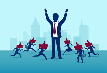 Vector of a powerful, successful buisnessman being liked by busy crowd of people