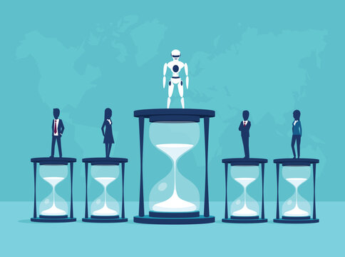 Vector of a robot winning a competition wtih people in productivity
