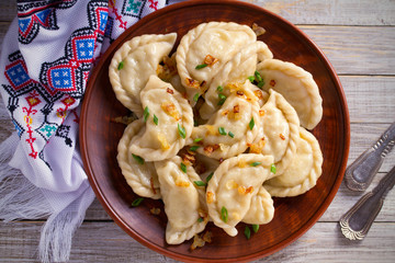 Dumplings, filled with potato. Dumplings with filling. overhead, horizontal