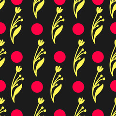 yellow flowers and pink dots on a dark color